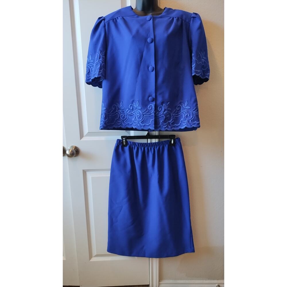 Vintage 80s -90s royal blue blouse and skirt set size 16